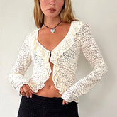 BXOXO Sexy Women Sheer Lace Cardigan Tops Ruffled Trim Long Sleeve V-Neck Summer Sun Protection Tops Y2k Shirts